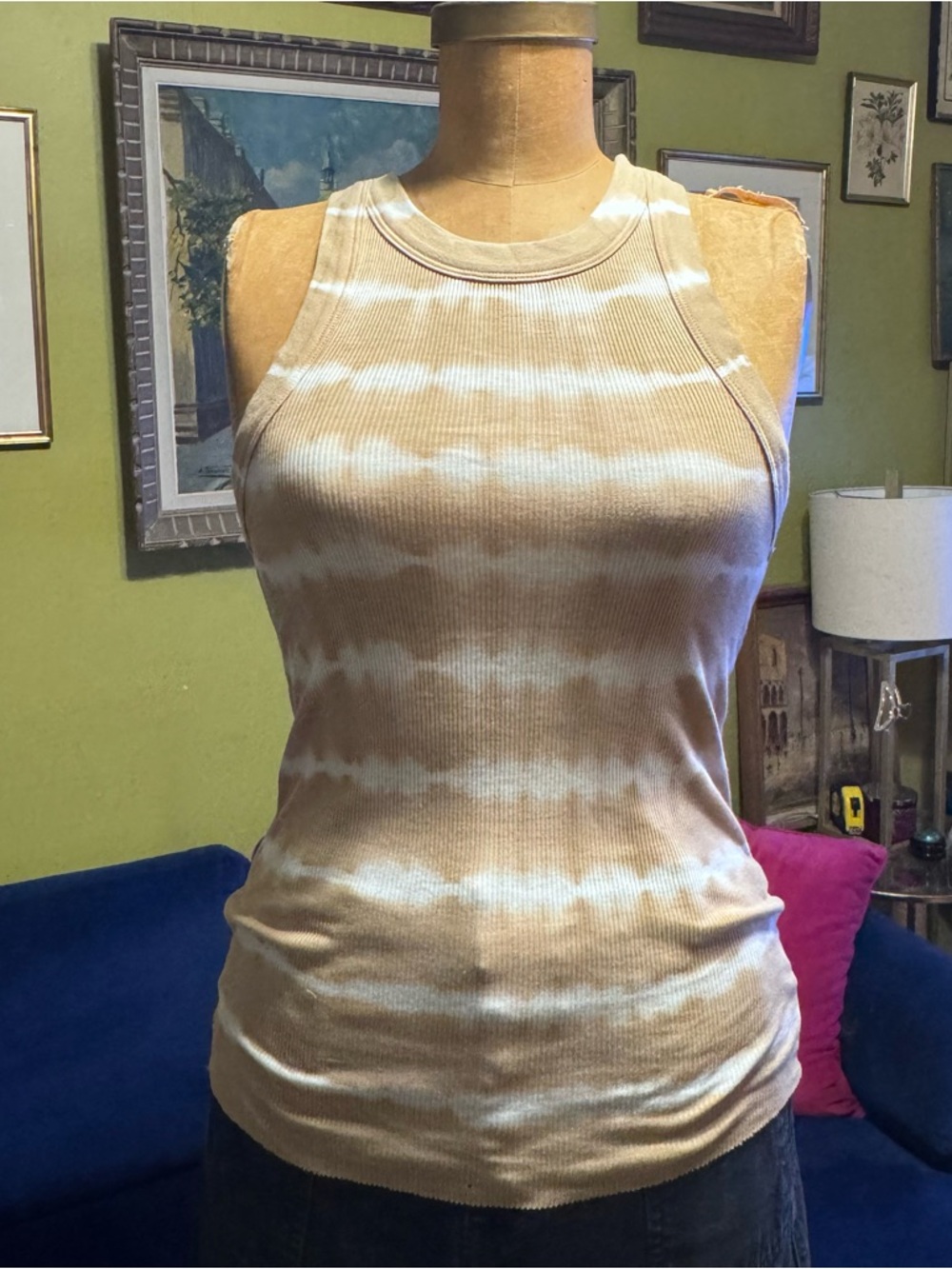 Aerie Beige & White Ribbed Tie-Dye Tank
